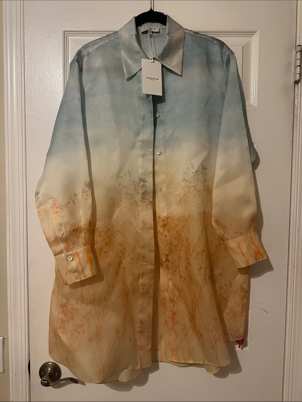 Light Blue to Cream Gradient Button-Up Shirt - Floral Print